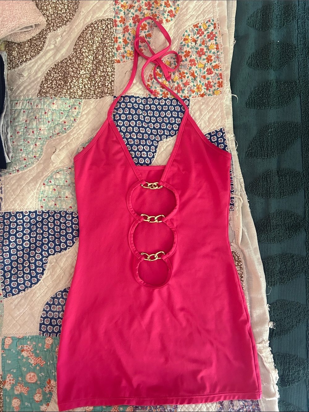 Hot Pink Halter Mini Dress with Chain Ring Cutouts